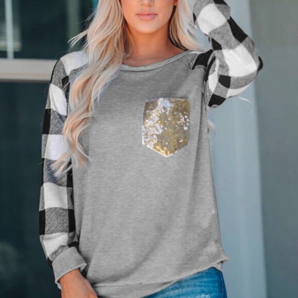 Gray Buffalo Check Long Sleeve Sequin Pocket Shirt - Picture 3 of 8